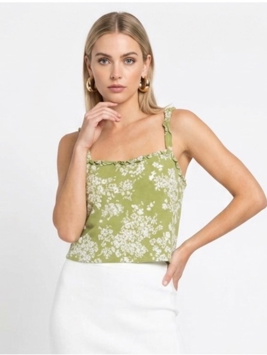 Reformation Tops - REFORMATION “Caprice” Line Green White Floral Ruffle Camisole Top size small